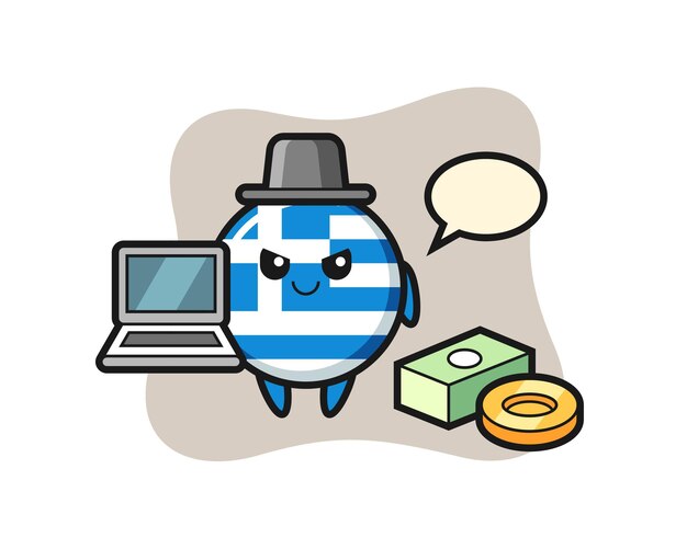Mascot Illustration De L'insigne Du Drapeau De La Grèce En Tant Que Pirate Informatique Vecteur Premium