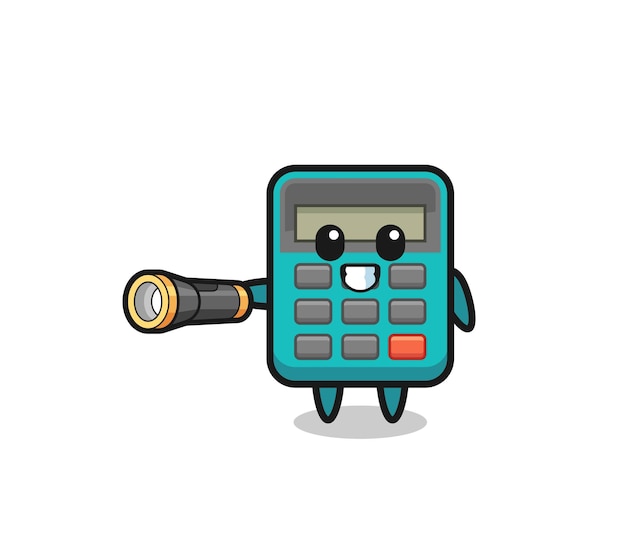 Mascotte calculatrice tenant une lampe de poche