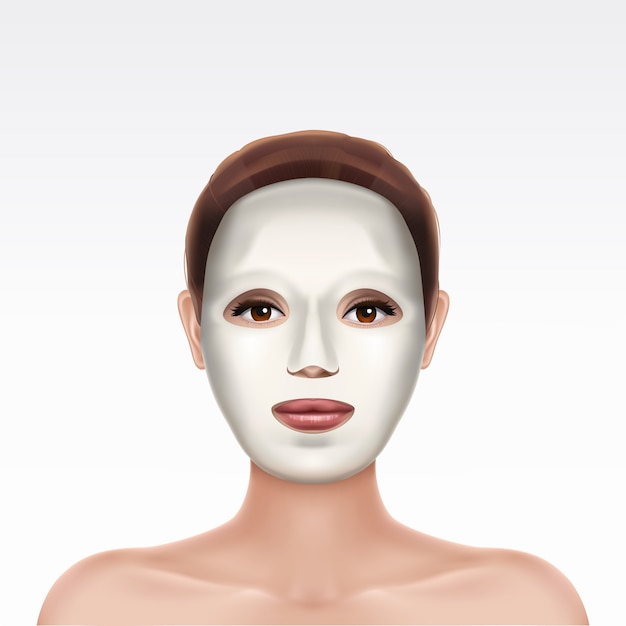 Vecteur gratuit masque facial hydratant cosmétique blanc sur le visage de la belle jeune fille sur fond blanc.