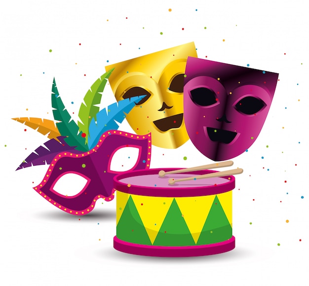 Vecteur gratuit masques de fête avec tambour pour mardi gras