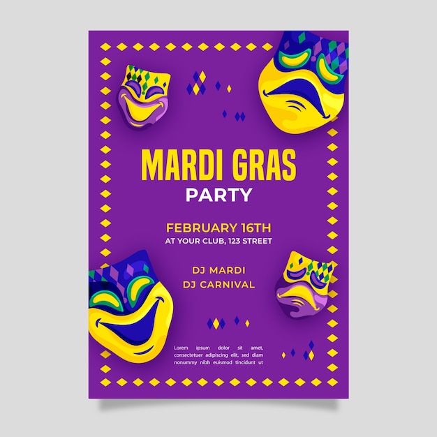 Masques Et Modèle De Flyer Design Plat Mardi Gras