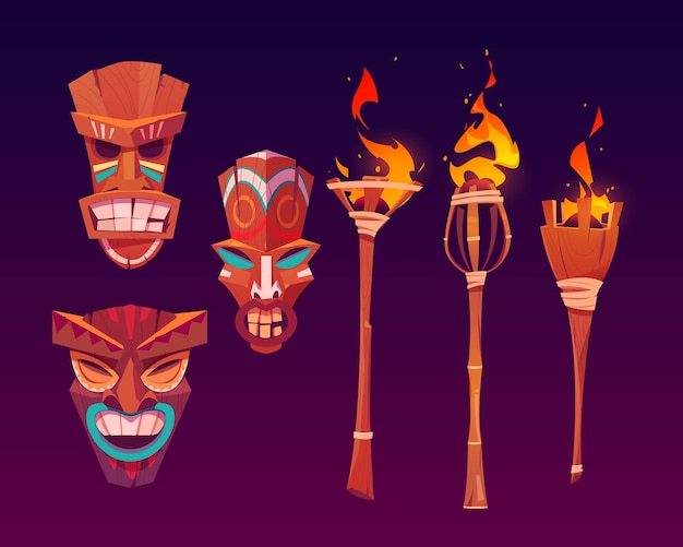 Vecteur gratuit masques tiki et torches enflammées, totems tribaux en bois, attributs hawaïens ou polynésiens