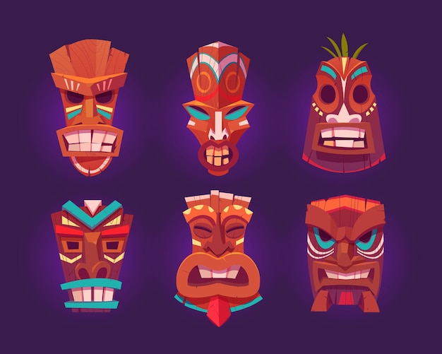 Vecteur gratuit masques tiki, totem tribal hawaïen en bois avec visage de dieu