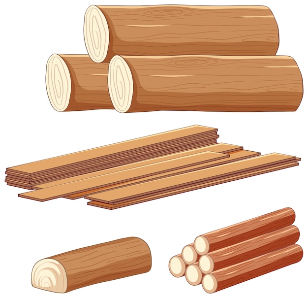 Vecteur gratuit matériaux de construction en bois et en rondins pour illustrations vectorielles