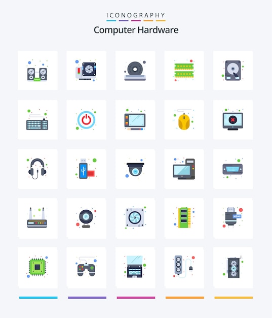 Vecteur gratuit matériel informatique créatif 25 pack d'icônes plates tel que lecteur matériel de disque ram ordinateur