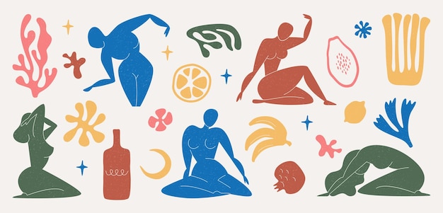 Vecteur gratuit matisse a inspiré l'art mural abstrait avec des figures féminines et des formes organiques des plantes