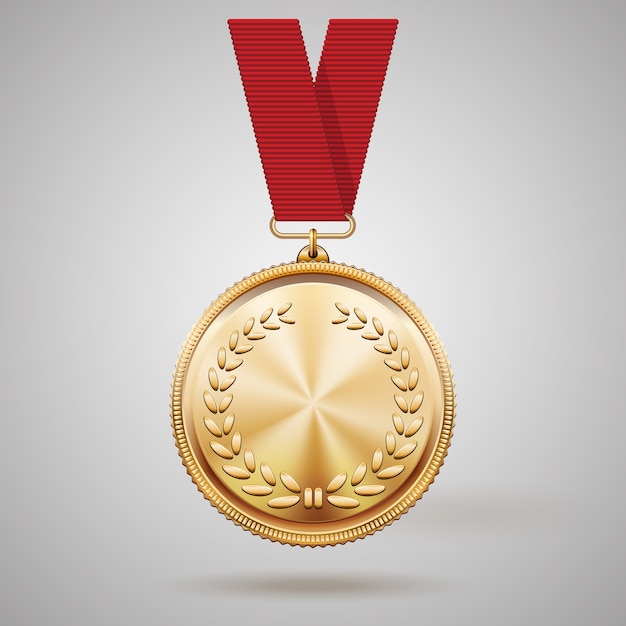 Vecteur gratuit médaille d'or de vecteur sur ruban rouge avec détail en relief de couronne de laurier et réflexions conceptuelles d'un prix pour la victoire de la première réalisation de placement