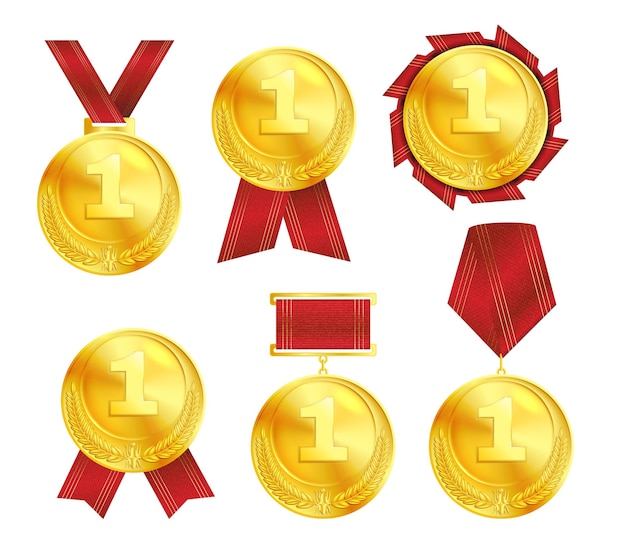 Vecteur gratuit médailles d'or numéro un avec insigne de rubans rouges et rosette ensemble réaliste illustration vectorielle isolée