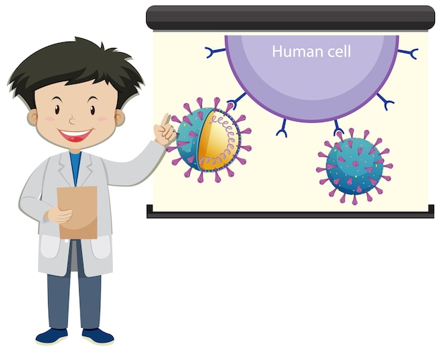 Un Médecin Avec Une Cellule Humaine Sur L'écran Du Projecteur En Style Cartoon