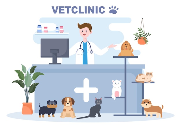 Médecin de la clinique vétérinaire examinant, vaccinant et soignant les animaux de compagnie comme les chiens et les chats en illustration vectorielle de fond de dessin animé plat pour affiche ou bannière