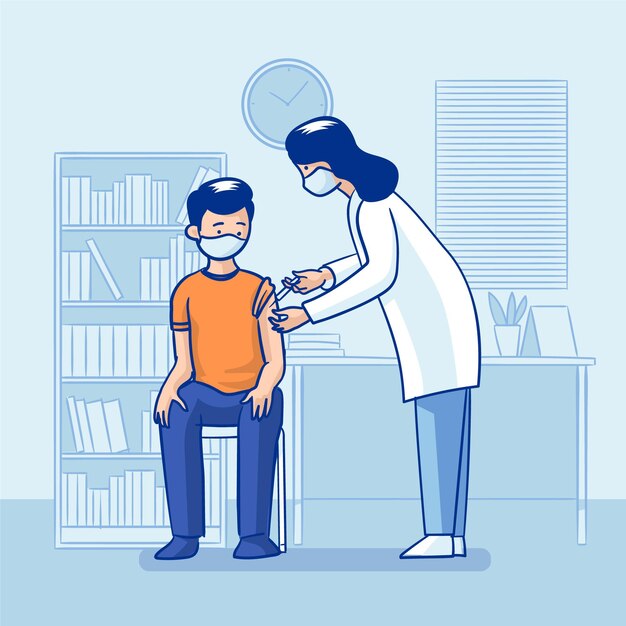 Médecin dessiné à plat, injectant un vaccin au patient