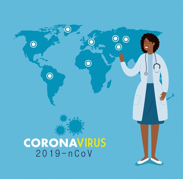 Médecin féminin et carte du monde avec des infections 2019 ncov