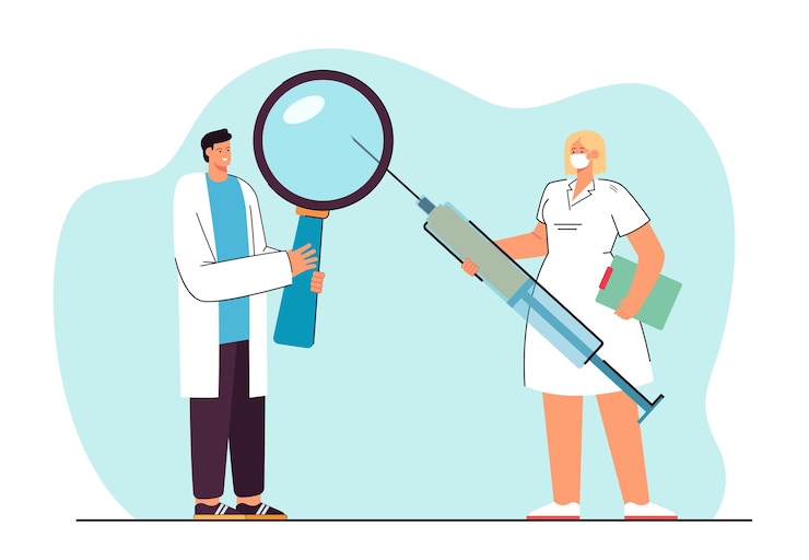 Vecteur gratuit médecin et infirmière tenant une seringue et une loupe. médecins spécialistes en uniformes blancs utilisant des outils de vaccination contre le coronavirus. illustration plate, atterrissage web. notion de covid-19