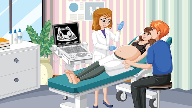 Vecteur gratuit médecin scannant une femme enceinte avec un scanner