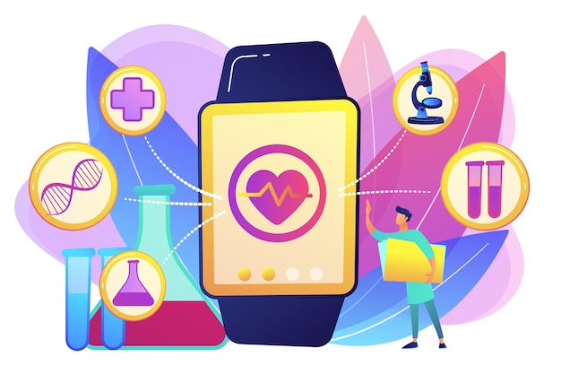 Médecin et smartwatch avec coeur et icônes médicales. Tracker de santé Smartwatch et moniteur de santé, concept de suivi d'activité sur fond blanc. Illustration isolée violette vibrante lumineuse