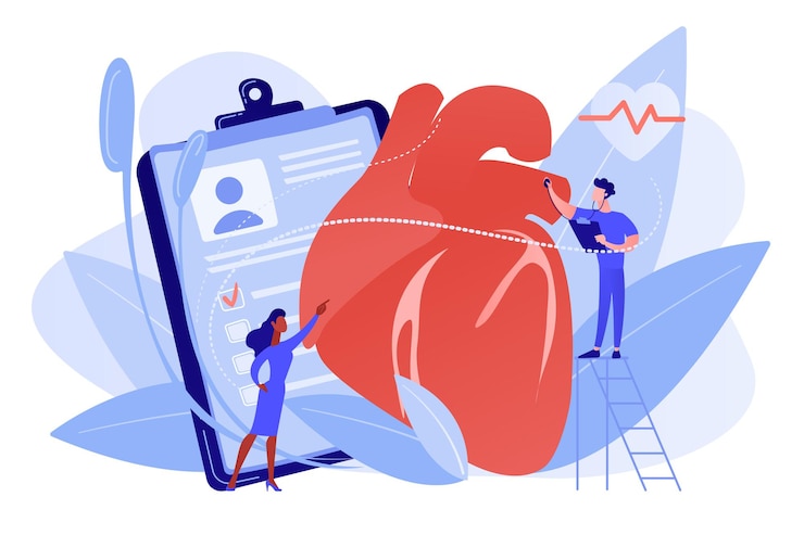 Vecteur gratuit médecin avec stéthoscope à l'écoute d'énormes battements cardiaques cardiopathie ischémique
