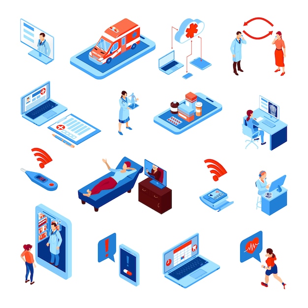 Médecine En Ligne Isométrique Sertie D'appareils électroniques Pour La Surveillance De La Santé Et La Communication Avec Le Médecin Isolé Illustration Vectorielle