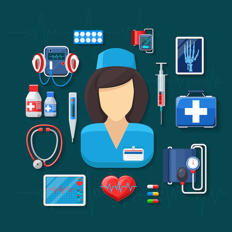 Vecteur gratuit médecine et soins de santé. tonomètre et rayons x, pulsomètre, stéthoscope et seringue.