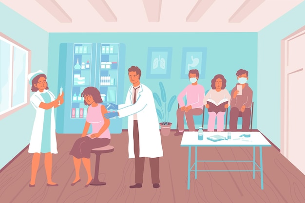 Médecins Donnant Des Injections Aux Hommes Et Aux Femmes Attendant Leur Tour Lors De La Vaccination Illustration à Plat