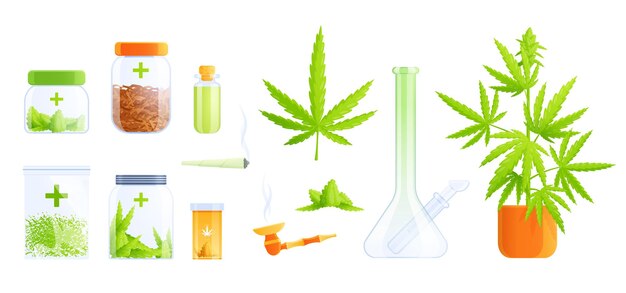 Médicaments de cannabis de marijuana médicale ensemble plat avec des images isolées de bocaux à fermeture éclair et de feuilles de plantes illustration vectorielle