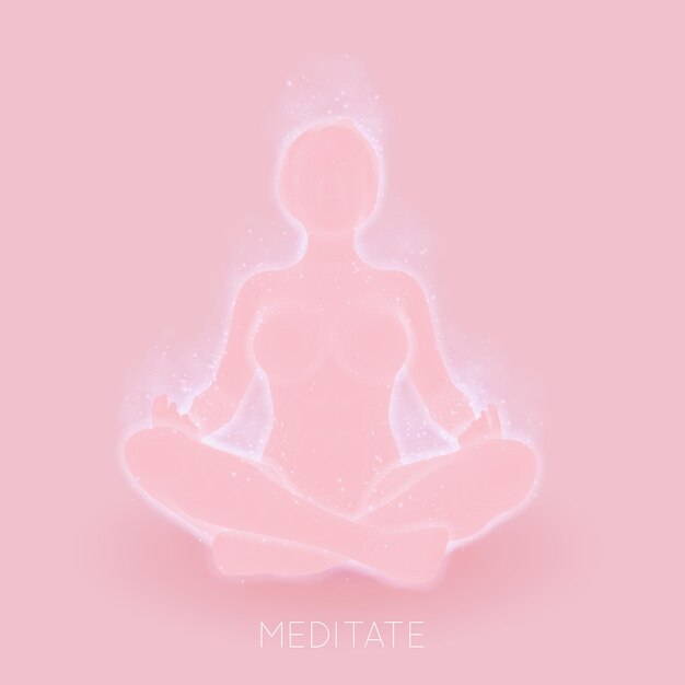 Méditation femme rose clair. Pose de yoga de relaxation. Pratique spirituelle asiatique. Énergie rougeoyante magique et spakrs.