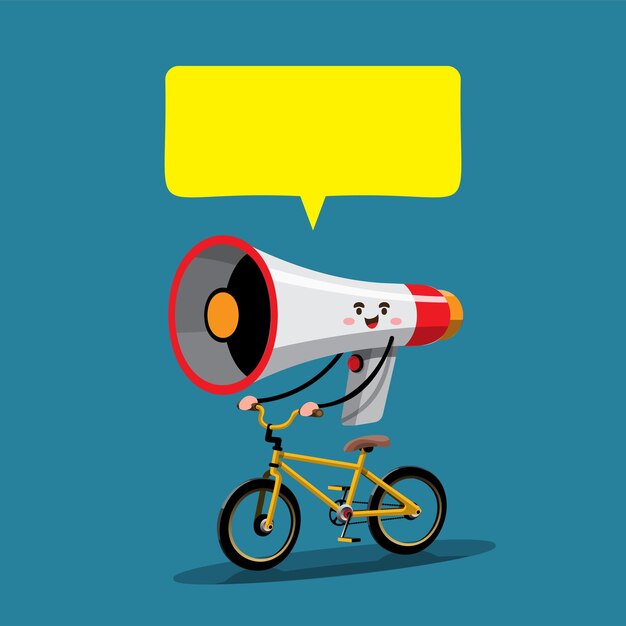 Le mégaphone fait du vélo et annonce un message Conception de personnages d'illustration vectorielle plate