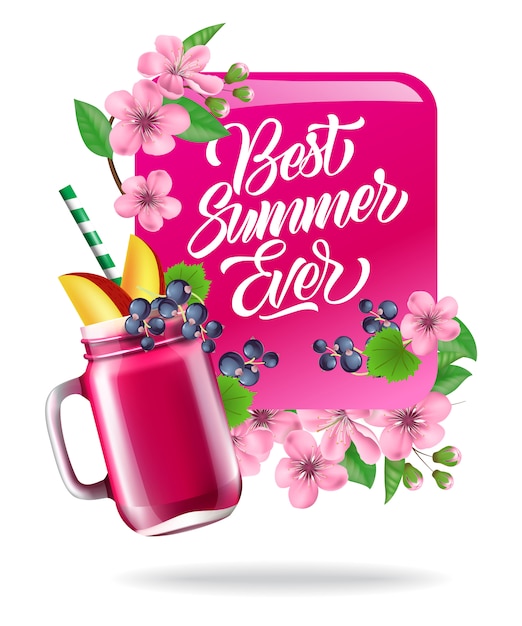 Meilleur été, affiche colorée avec fleurs, feuilles et boisson aux fruits.