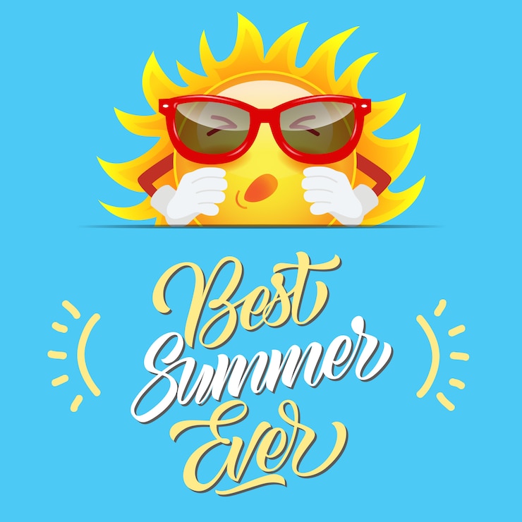 Vecteur gratuit meilleur été salutation avec personnage de dessin animé de soleil dans les lunettes de soleil