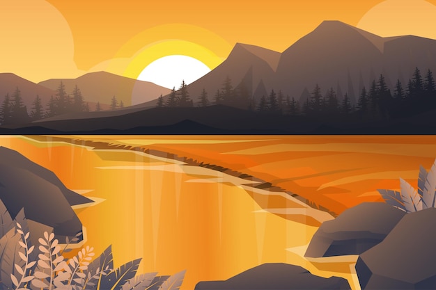 Vecteur gratuit meilleure scène de paysage naturel de montagne, rivière et forêt avec coucher de soleil en soirée dans un ton chaud. illustration