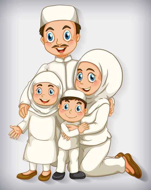 Membre de la famille musulmane sur le dégradé de couleur de personnage de dessin animé