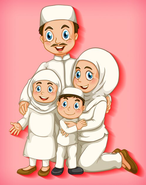 Membre de la famille musulmane sur fond dégradé de couleur de personnage de dessin animé