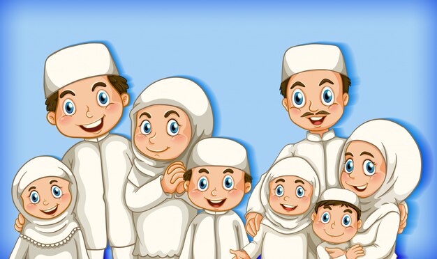 Membre de la famille musulmane sur fond dégradé de couleur de personnage de dessin animé