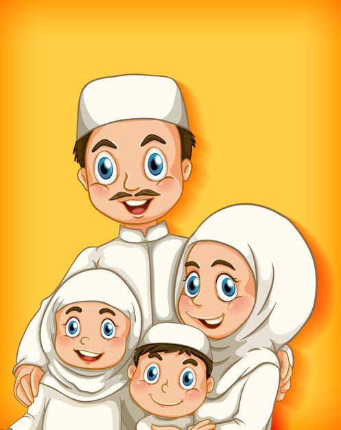 Membre de la famille musulmane sur fond dégradé de couleur de personnage de dessin animé