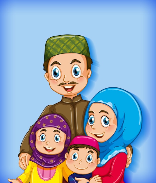 Vecteur gratuit membre de la famille musulmane sur fond dégradé de couleur de personnage de dessin animé