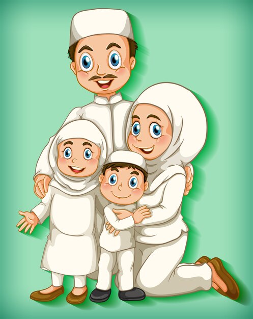 Membre de la famille musulmane sur fond dégradé de couleur de personnage de dessin animé