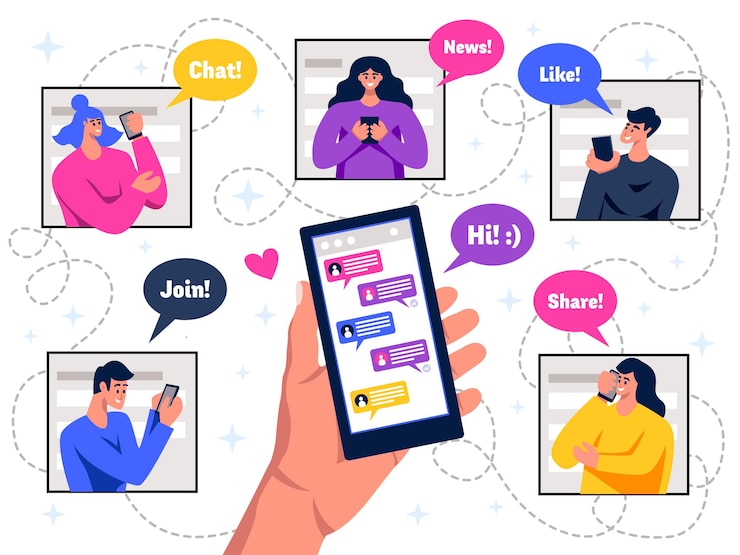 Vecteur gratuit les membres du réseau social mains tenant un schéma coloré plat de messagerie de chat en direct mobile avec des bulles de dialogue