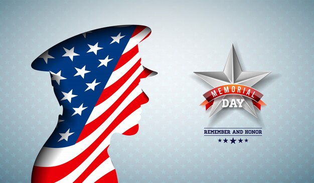 Memorial Day of the USA Illustration. Conception de célébration nationale américaine avec drapeau en silhouette de soldat patriotique sur fond de motif d'étoile légère pour bannière, carte de voeux ou affiche de vacances