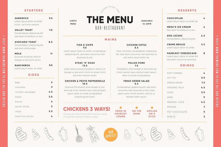 Vecteur gratuit menu alimentaire pour modèle d'utilisation numérique avec illustrations