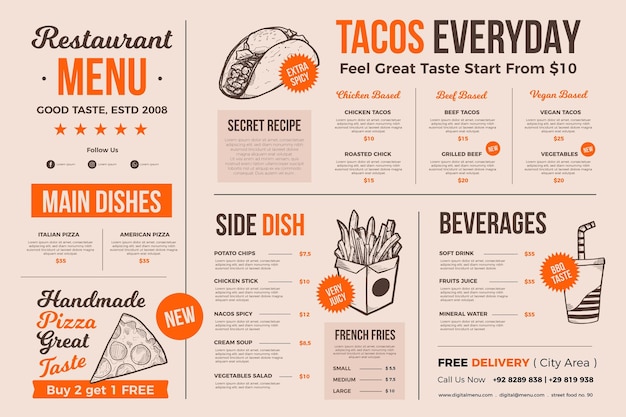 Vecteur gratuit menu alimentaire à usage numérique avec illustrations