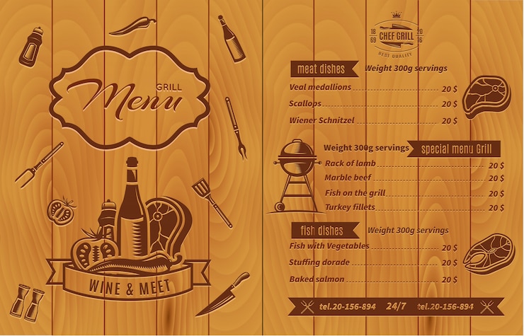 Vecteur gratuit menu barbecue rétro avec des prix et de la nourriture avec des photos sur un mur en bois