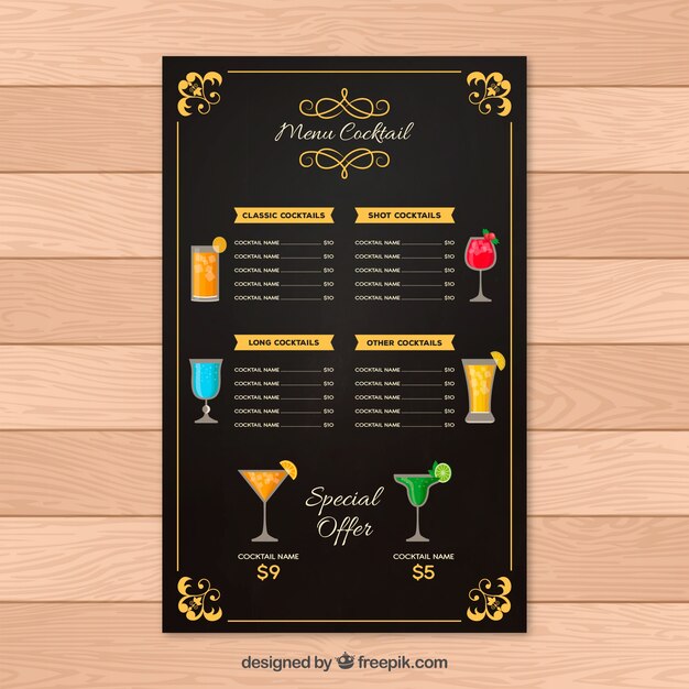 Menu de barre de cocktail dans le style plat