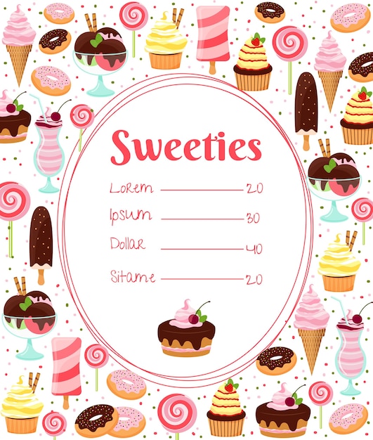 Menu De Bonbons Ou Liste De Prix Dans Un Cadre Ovale Entouré D'icônes Colorées De Crème Glacée Et De Gâteaux Glacés Pâtisseries Bonbons Milkshakes Et Desserts Sur Blanc