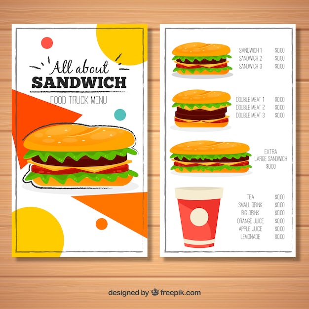 Vecteur gratuit menu de camion alimentaire avec variété de sandwichs