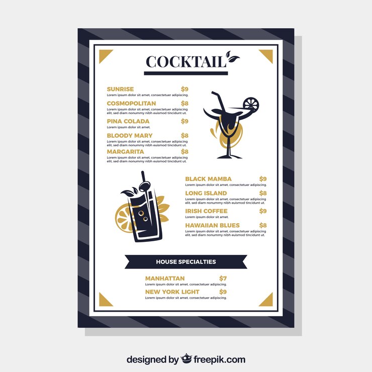 Vecteur gratuit menu avec différents cocktails dans un style plat
