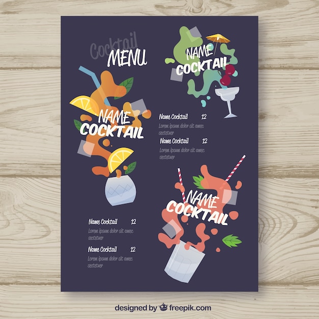 Menu Avec Différents Cocktails Dans Un Style Plat