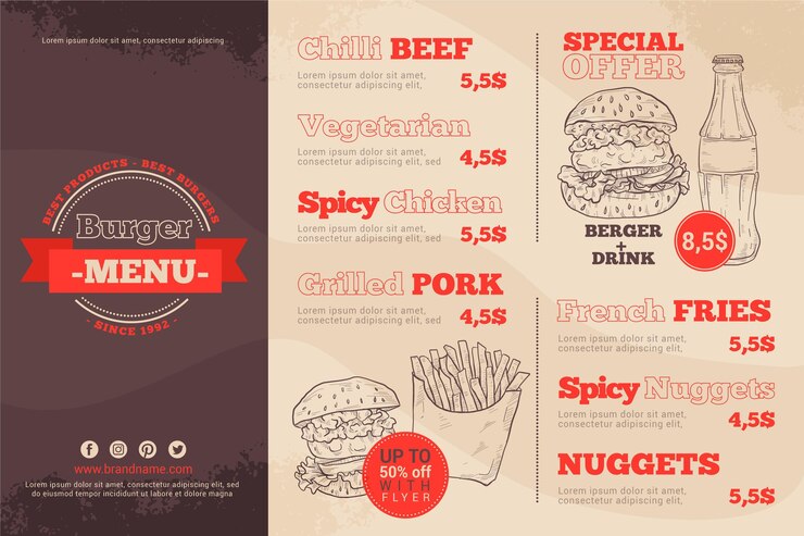 Vecteur gratuit menu du restaurant au format horizontal pour plateforme numérique