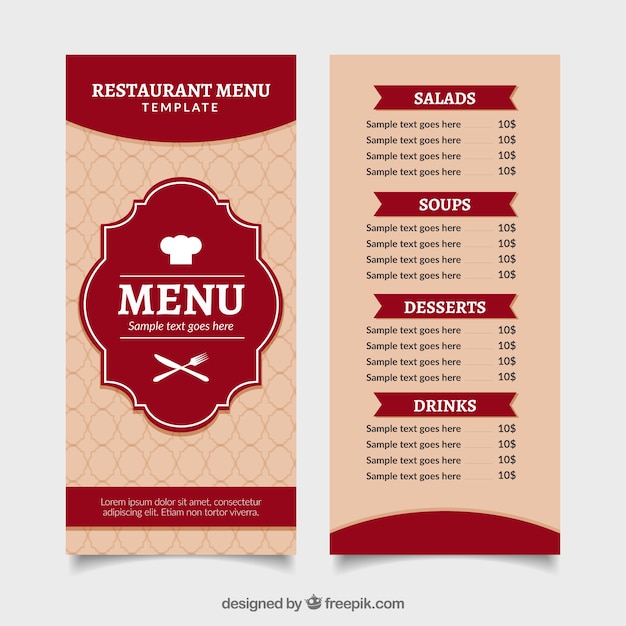 Vecteur gratuit menu du restaurant classique