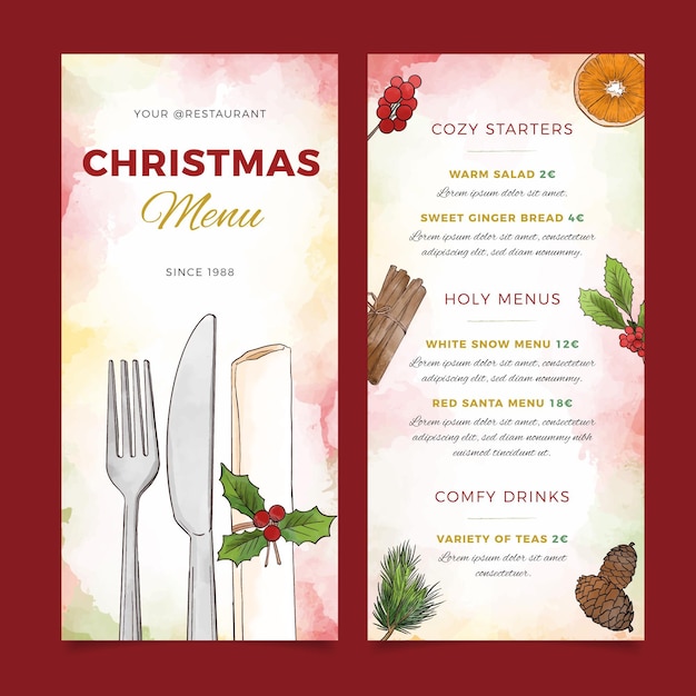 Vecteur gratuit menu du restaurant de noël aquarelle