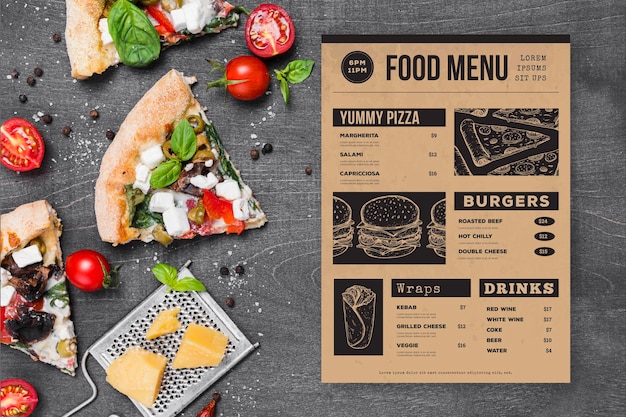 Vecteur gratuit menu du restaurant avec des tranches de pizza