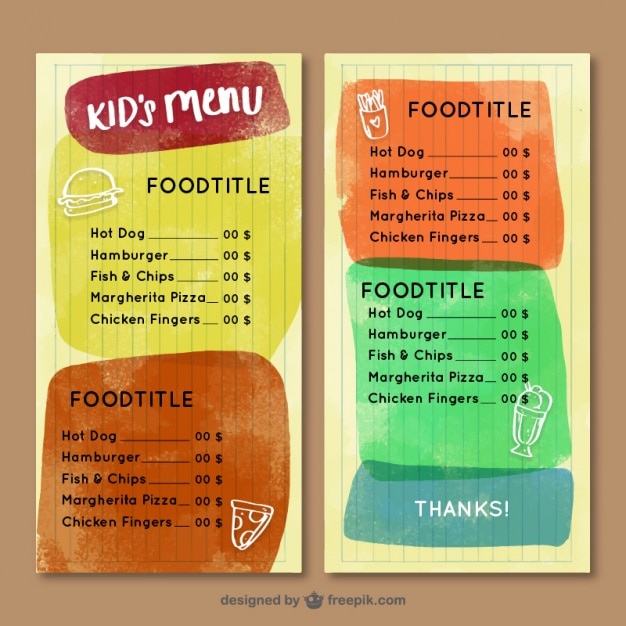 Vecteur gratuit menu enfant aquarelle avec des formes abstraites colorées